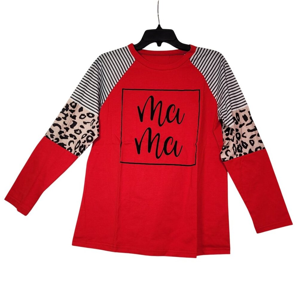 Women's Ma Ma Print Long-Sleeve Raglan Top Red Leopard & Stripes Size Medium